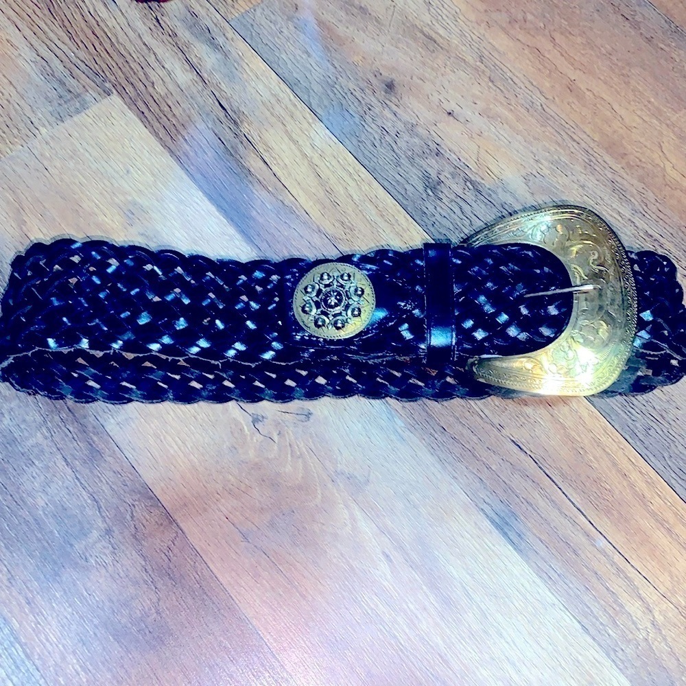 XS/SmallVintage Black Braided Leather Wide Belt With Ornate Carved Gold Buckle 0